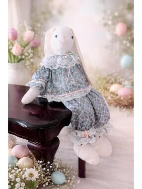 Vintage Easter Bunny Shelf Sitting Dangling Legs Cottage Core (note mark on face